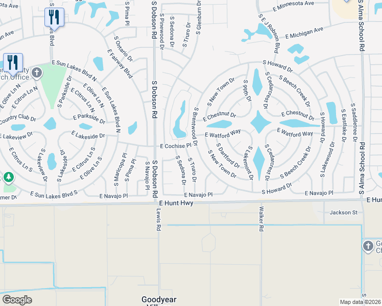 map of restaurants, bars, coffee shops, grocery stores, and more near 26409 South Truro Drive in Sun Lakes