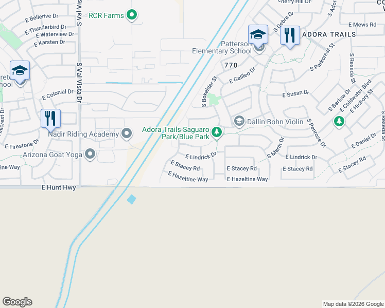 map of restaurants, bars, coffee shops, grocery stores, and more near 2020 East Lindrick Drive in Gilbert