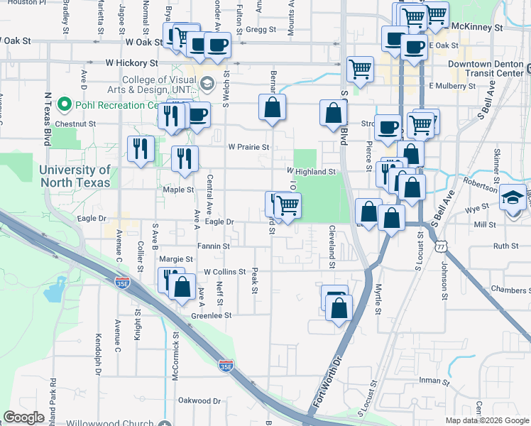 map of restaurants, bars, coffee shops, grocery stores, and more near 805 Bernard Street in Denton