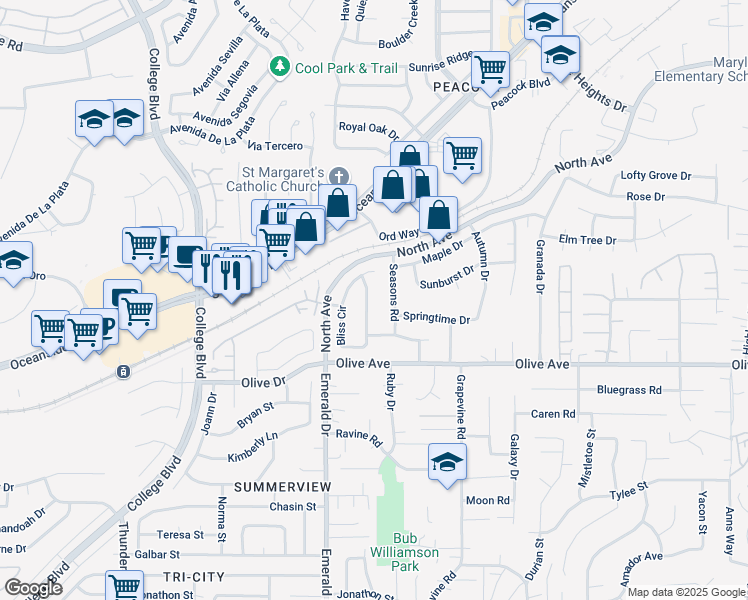 map of restaurants, bars, coffee shops, grocery stores, and more near 2273 Bliss Circle in Oceanside