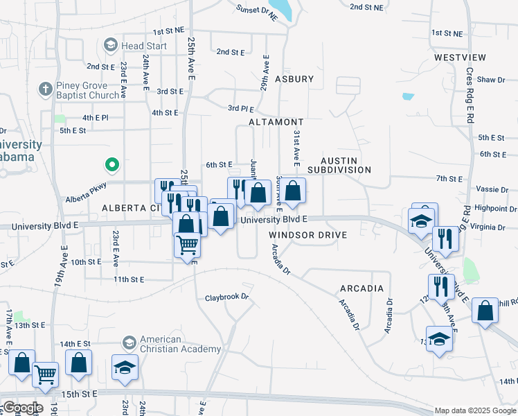 map of restaurants, bars, coffee shops, grocery stores, and more near 4 Juanita Drive in Tuscaloosa