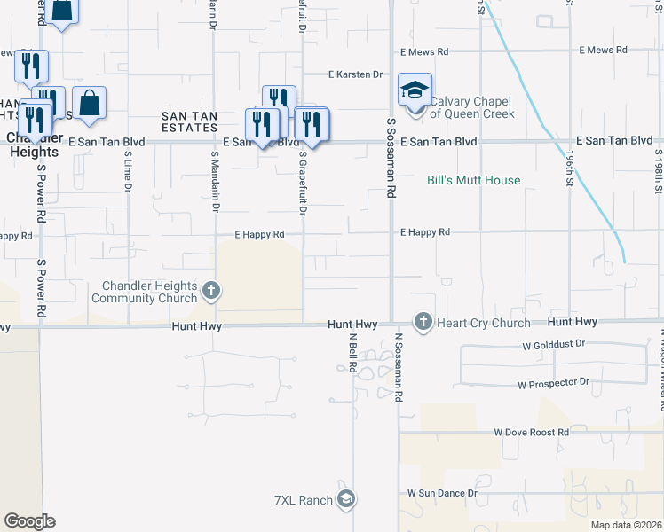 map of restaurants, bars, coffee shops, grocery stores, and more near 19035 East Sunnydale Drive in Queen Creek