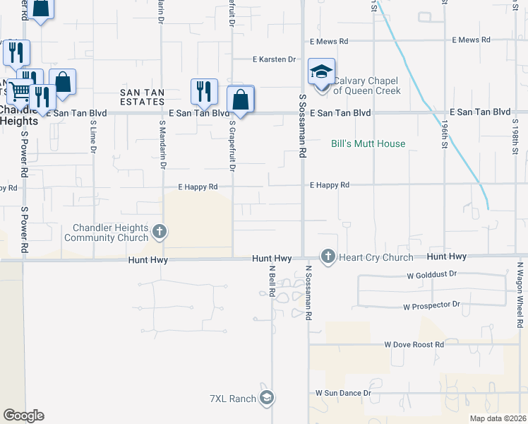 map of restaurants, bars, coffee shops, grocery stores, and more near 19035 East Sunnydale Drive in Queen Creek