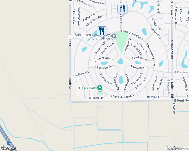 map of restaurants, bars, coffee shops, grocery stores, and more near 8925 East Sun Lakes Boulevard South in Sun Lakes