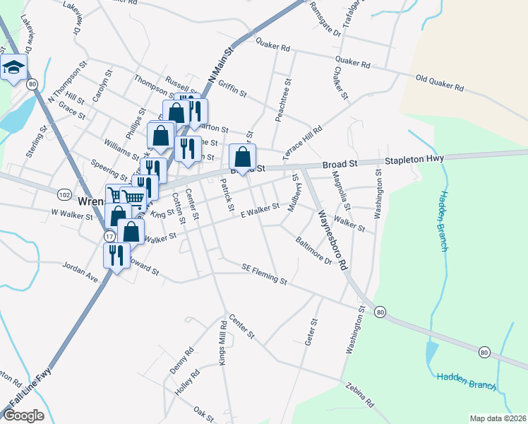 map of restaurants, bars, coffee shops, grocery stores, and more near 301 Young Street in Wrens
