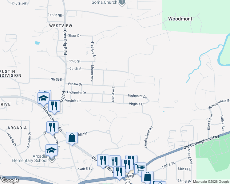 map of restaurants, bars, coffee shops, grocery stores, and more near 4205 Highpoint Dr in Tuscaloosa
