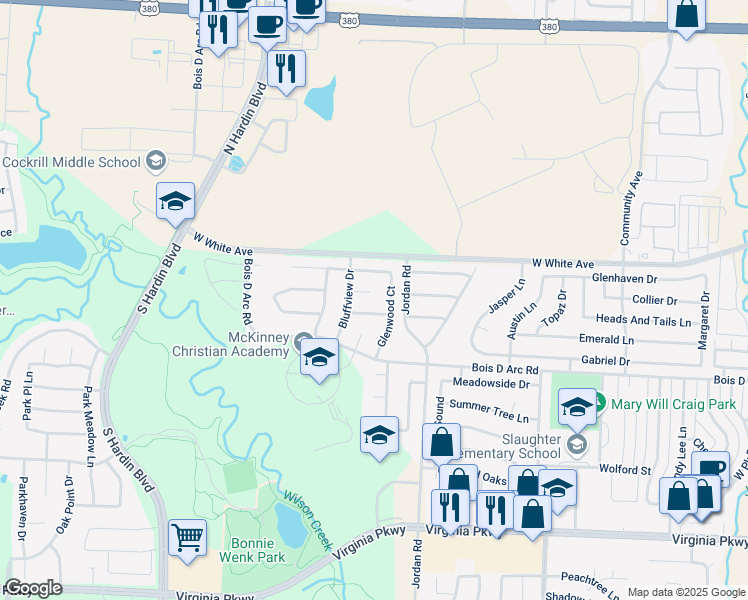 map of restaurants, bars, coffee shops, grocery stores, and more near 3403 Broadview Court in McKinney