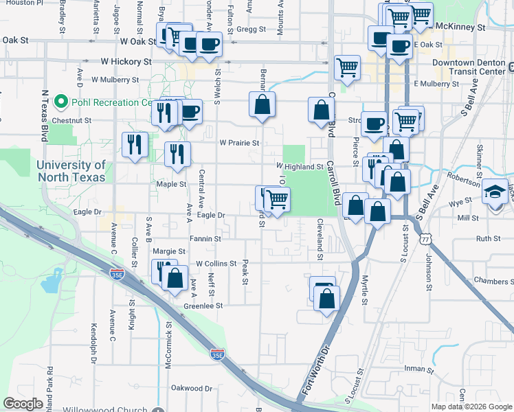 map of restaurants, bars, coffee shops, grocery stores, and more near 805 Bernard Street in Denton