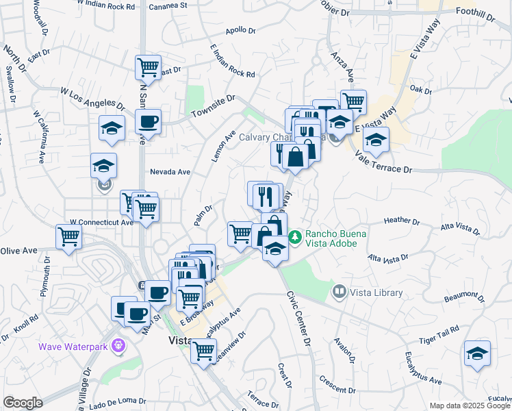 map of restaurants, bars, coffee shops, grocery stores, and more near 221 Ardys Place in Vista