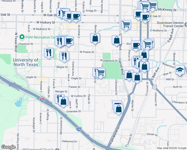 map of restaurants, bars, coffee shops, grocery stores, and more near 805 Bernard Street in Denton