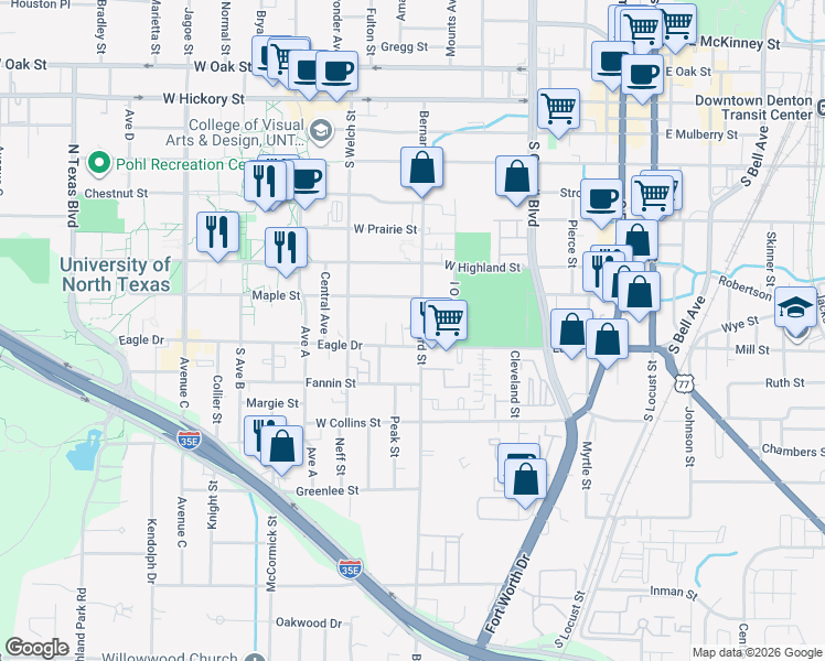 map of restaurants, bars, coffee shops, grocery stores, and more near 805 Bernard Street in Denton