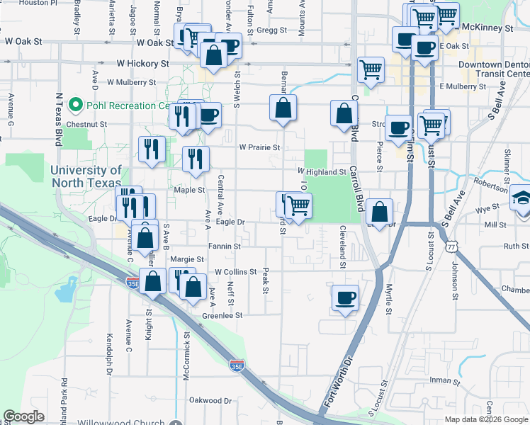 map of restaurants, bars, coffee shops, grocery stores, and more near 910-912 Eagle Drive in Denton