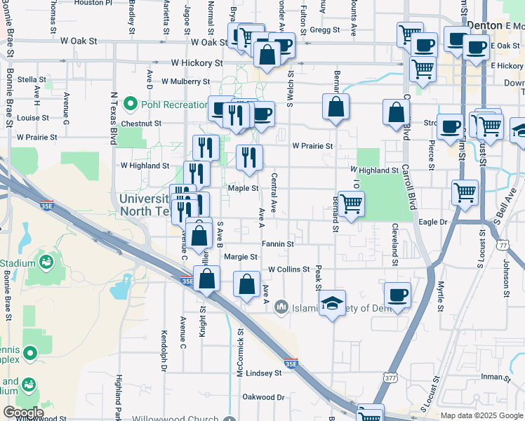 map of restaurants, bars, coffee shops, grocery stores, and more near 805 Avenue A in Denton