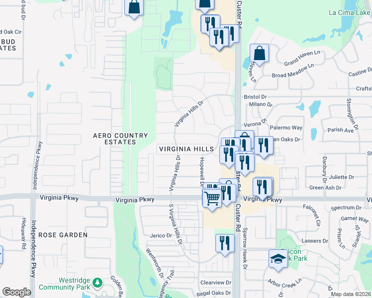 map of restaurants, bars, coffee shops, grocery stores, and more near 9220 Bedford Lane in McKinney
