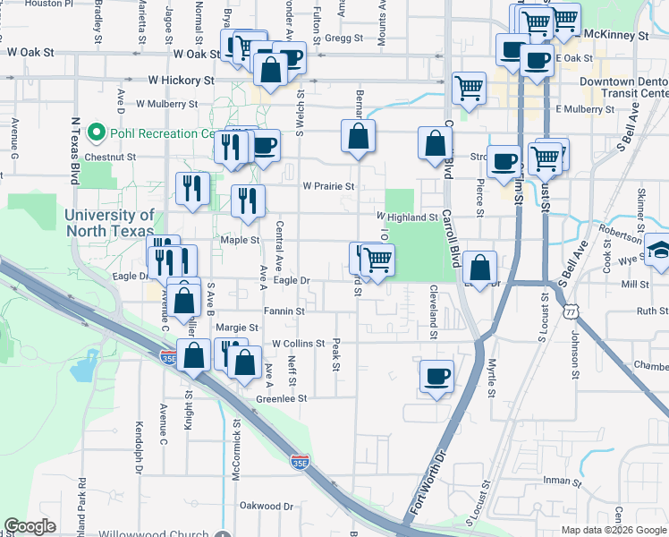 map of restaurants, bars, coffee shops, grocery stores, and more near 910-912 Eagle Drive in Denton
