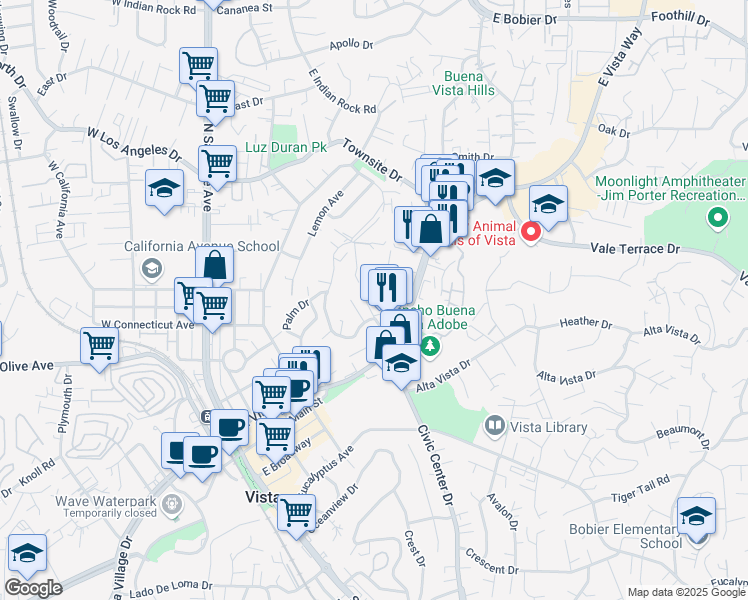 map of restaurants, bars, coffee shops, grocery stores, and more near 181 Stonehurst Court in Vista