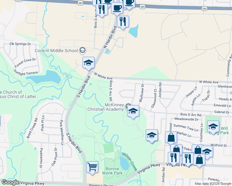 map of restaurants, bars, coffee shops, grocery stores, and more near 3621 Crestcreek Court in McKinney