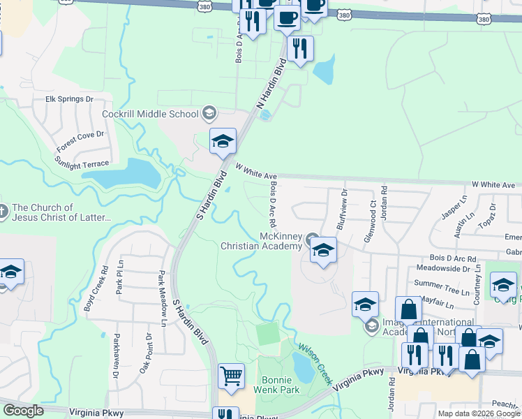 map of restaurants, bars, coffee shops, grocery stores, and more near 816 Hearthside Way in McKinney