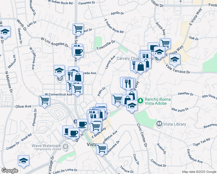 map of restaurants, bars, coffee shops, grocery stores, and more near 450 Hillside Terrace in Vista