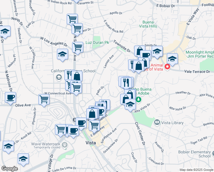 map of restaurants, bars, coffee shops, grocery stores, and more near 450 Hillside Terrace in Vista