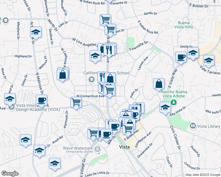 map of restaurants, bars, coffee shops, grocery stores, and more near 535 North Santa Fe Avenue in Vista