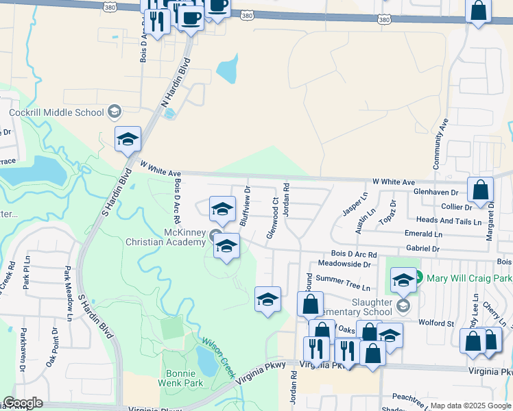 map of restaurants, bars, coffee shops, grocery stores, and more near 3403 Broadview Court in McKinney