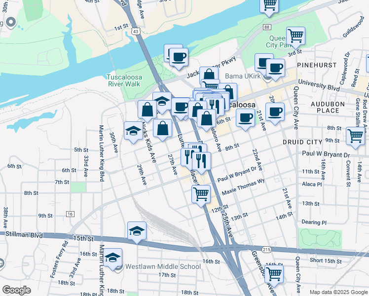 map of restaurants, bars, coffee shops, grocery stores, and more near in Tuscaloosa