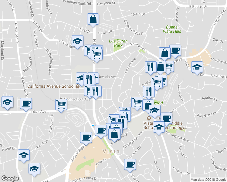 map of restaurants, bars, coffee shops, grocery stores, and more near 531 North Citrus Avenue in Vista
