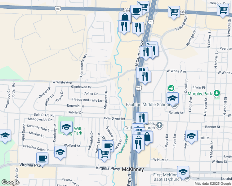 map of restaurants, bars, coffee shops, grocery stores, and more near 2351 West White Avenue in McKinney
