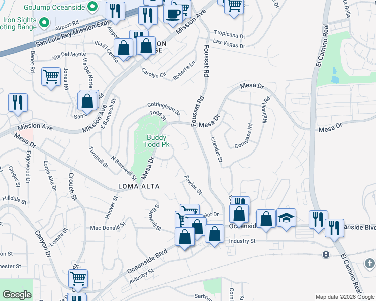 map of restaurants, bars, coffee shops, grocery stores, and more near 242 Vista Montana Way in Oceanside
