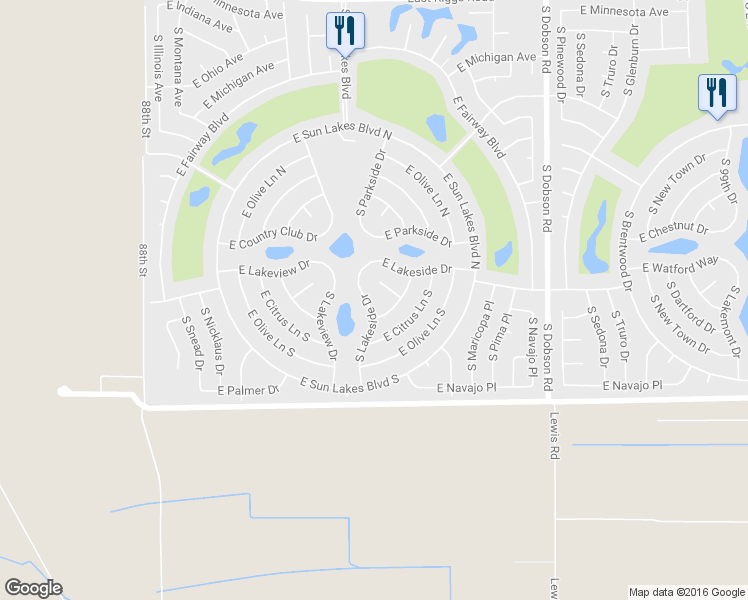 map of restaurants, bars, coffee shops, grocery stores, and more near 26401 South Lakeside Drive in Sun Lakes