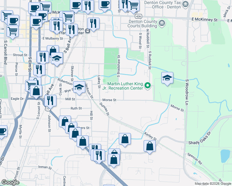 map of restaurants, bars, coffee shops, grocery stores, and more near 733 Alexander Street in Denton