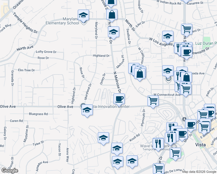map of restaurants, bars, coffee shops, grocery stores, and more near 648 Cocapah Street in Vista