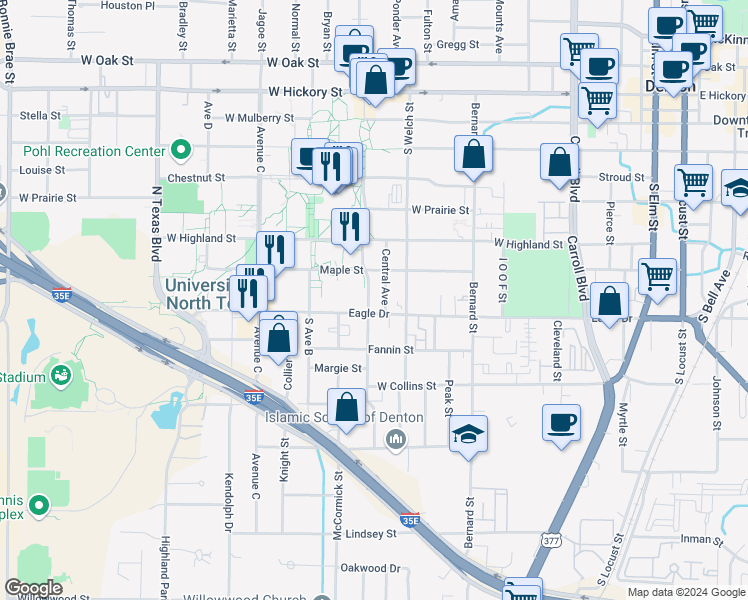 map of restaurants, bars, coffee shops, grocery stores, and more near 805 Avenue A in Denton