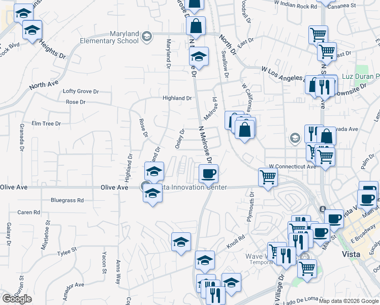 map of restaurants, bars, coffee shops, grocery stores, and more near 648 Cocapah Street in Vista