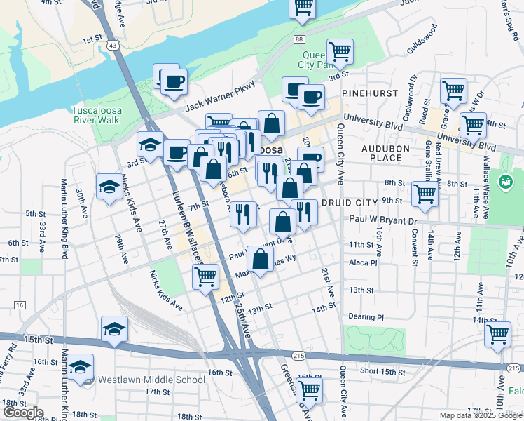 map of restaurants, bars, coffee shops, grocery stores, and more near 811 23rd Avenue in Tuscaloosa