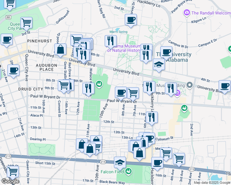 map of restaurants, bars, coffee shops, grocery stores, and more near in Tuscaloosa