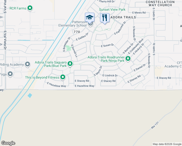 map of restaurants, bars, coffee shops, grocery stores, and more near 2234 East Lindrick Drive in Gilbert