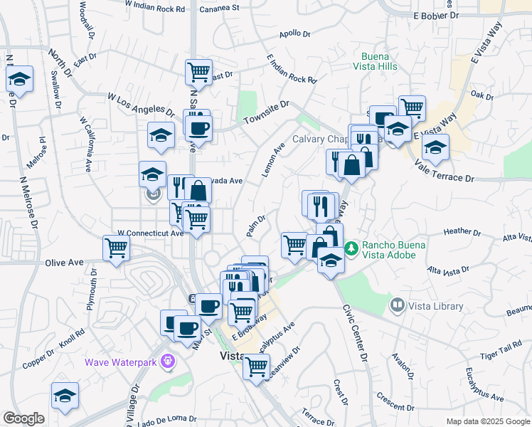 map of restaurants, bars, coffee shops, grocery stores, and more near 450 Hillside Terrace in Vista