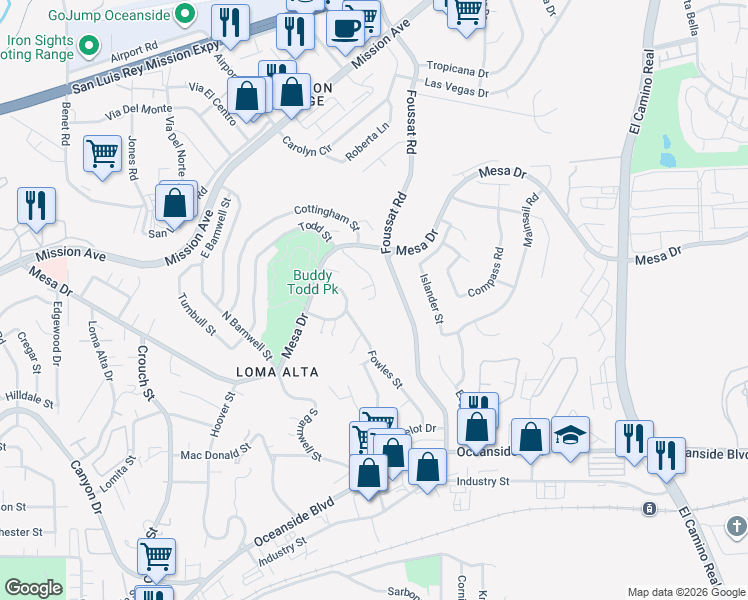 map of restaurants, bars, coffee shops, grocery stores, and more near 242 Vista Montana Way in Oceanside
