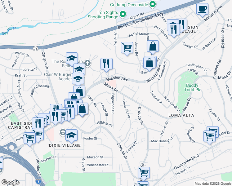 map of restaurants, bars, coffee shops, grocery stores, and more near in Camp Pendleton North