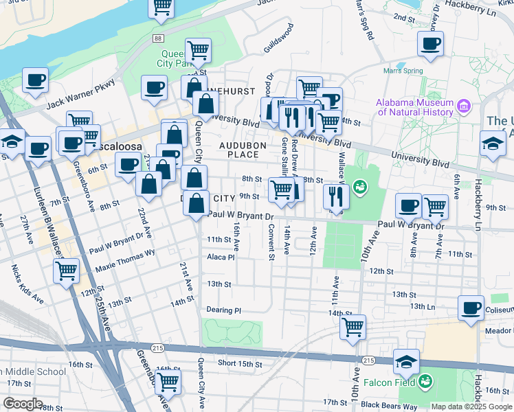 map of restaurants, bars, coffee shops, grocery stores, and more near 1432 Paul William Bryant Drive in Tuscaloosa
