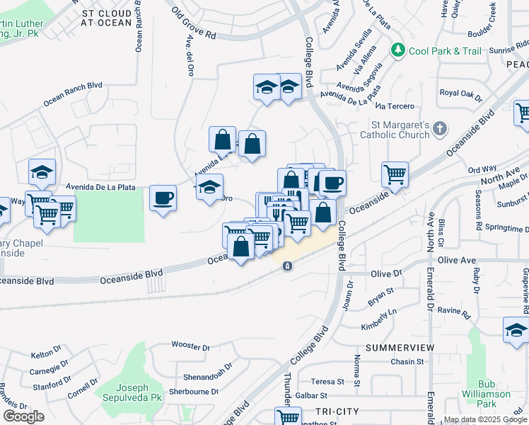 map of restaurants, bars, coffee shops, grocery stores, and more near 4110 Oceanside Boulevard in Oceanside