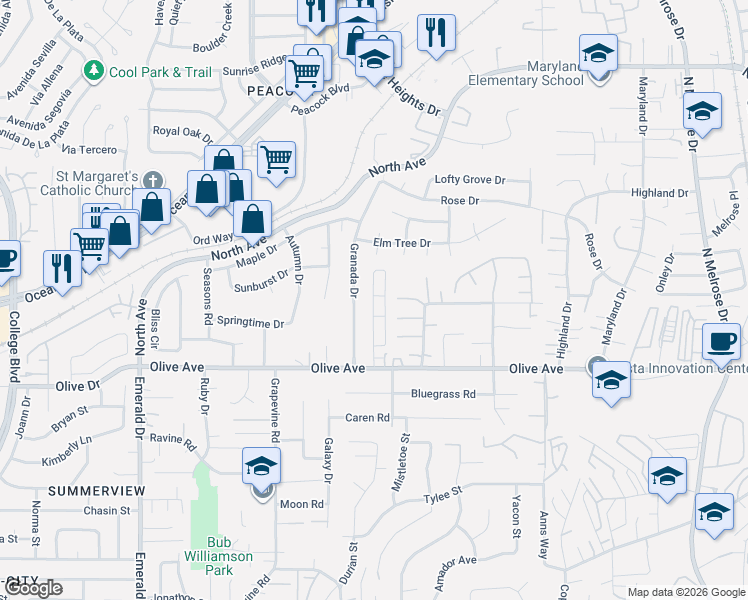 map of restaurants, bars, coffee shops, grocery stores, and more near 1333 Olive Avenue in Vista