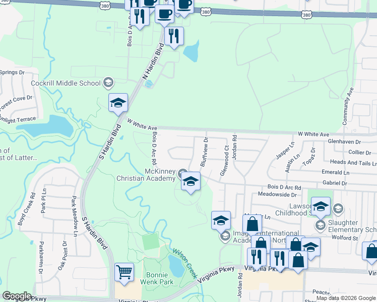 map of restaurants, bars, coffee shops, grocery stores, and more near 3608 Crestcreek Court in McKinney