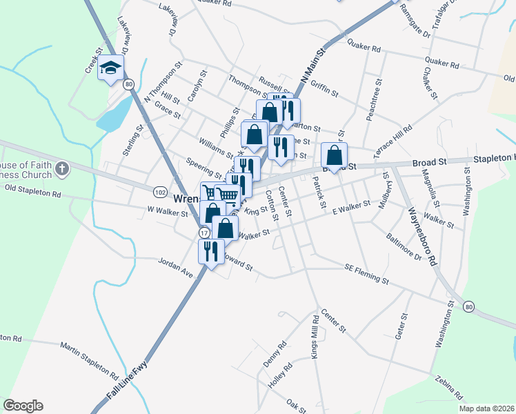 map of restaurants, bars, coffee shops, grocery stores, and more near 107 King Street in Wrens