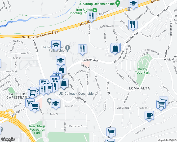 map of restaurants, bars, coffee shops, grocery stores, and more near 106 Edgewood Drive in Oceanside
