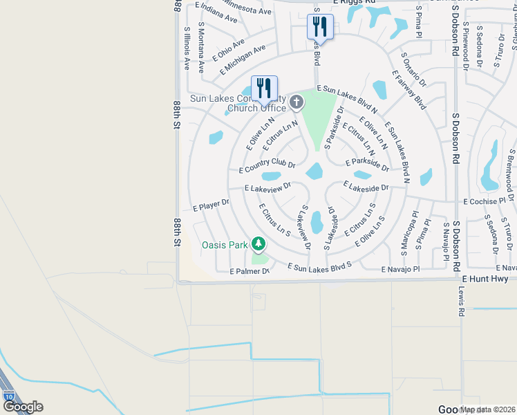map of restaurants, bars, coffee shops, grocery stores, and more near 9026 East Citrus Lane South in Sun Lakes