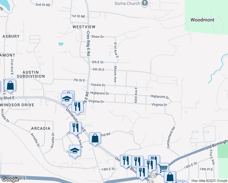map of restaurants, bars, coffee shops, grocery stores, and more near 4216 Highpoint Drive in Tuscaloosa