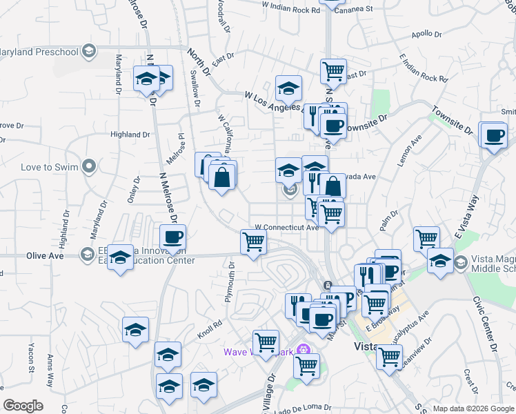 map of restaurants, bars, coffee shops, grocery stores, and more near 329 Avenida De La Plaza in Vista